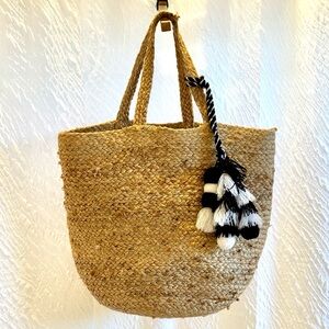 Shiraleah Woven Straw Rattan Tote Bag, Black & White Tassel
